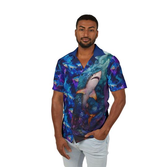 Hawaiian Camp Shirt, Shark Shirt for Men, Animal Print Beachwear