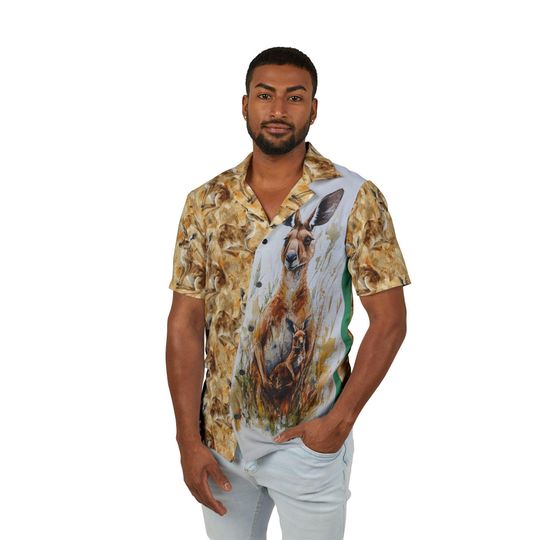 Men's Premium Hawaiian Camp Shirt, Kangaroo and Joey Animal Print