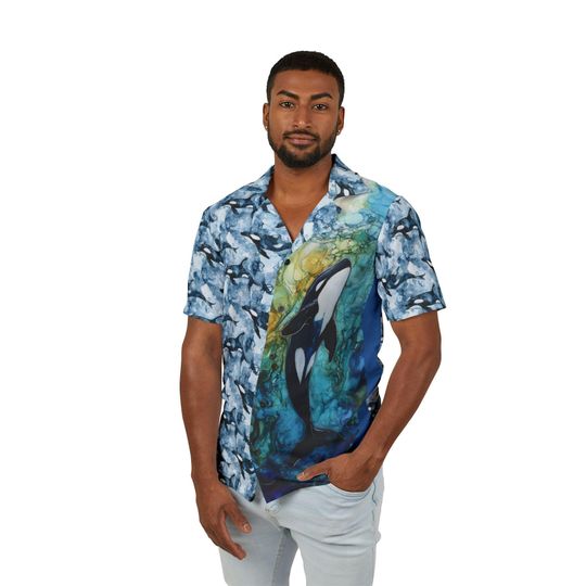 Men's Hawaiian Orca Shirt, Killer Whale Print Shirt for Nature Lovers