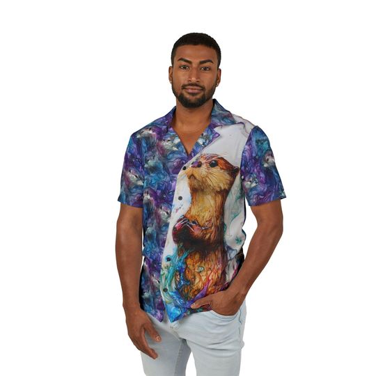 Men's Hawaiian Camp Shirt, Playful Otter Premium Aloha Shirt, for Nature Lover Dad