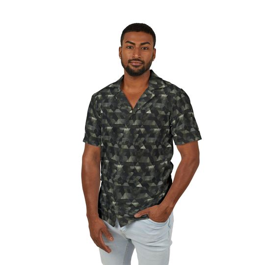 Premium Men's Hawaiian Shirt, Geometric Olive Black Gray, Fitted Men's Camp Shirt