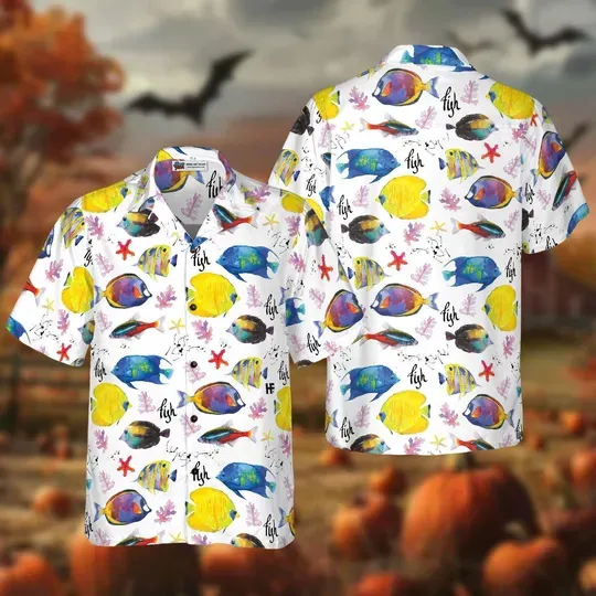 Colorful Fish Hawaiian Shirt, Ocean Animals Button Shirt, Natural Boho Hawaiian Shirt, Sea Life Summer Shirt For Men And Women