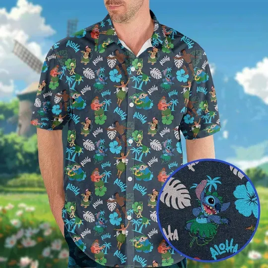 Disney Stitch Tropical Button Shirt, Cartoon Aloha Hawaiian Shirt, Lilo And Stitch Floral Short Sleeve Shirt, Summer Vacation Gift
