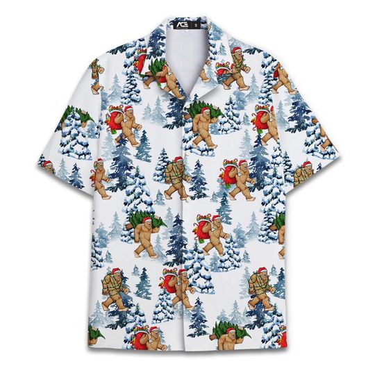 Christmas Bigfoot Hawaiian Shirt for Men, Retro Snow Sasquatch Short Sleeve Button Down