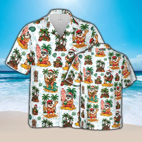 Santa Christmas in July Hawaiian Shirt, Surfing Santa Tropical Beach Aloha Shirt