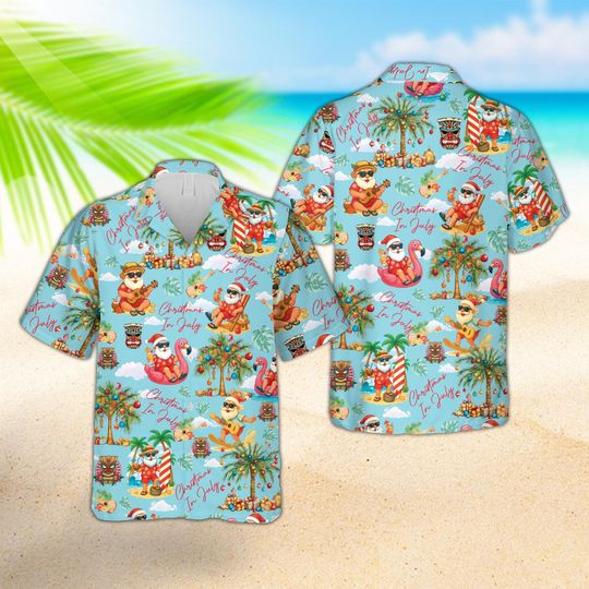 Christmas in July Hawaiian Shirt, Tropical Santa Claus Beach Button Up, Santa Summer Vacation Shirt
