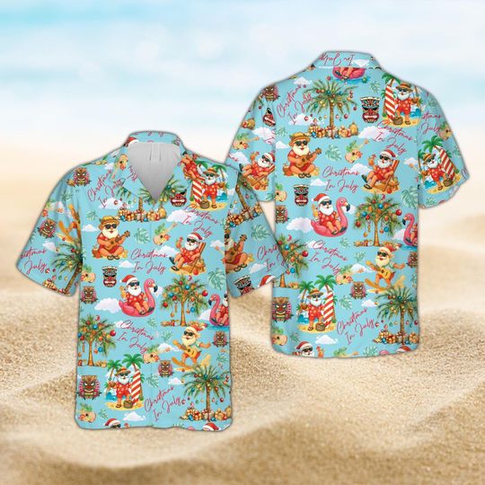 Christmas in July Hawaiian Shirt, Tropical Santa Claus Beach Button Shirt