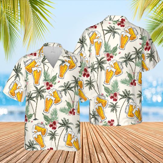 Hawaiian Beer T-shirt, Summer Beach Aloha Shirt, Beer Lover Button-Up Shirt