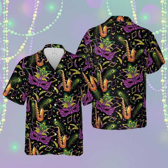 Mardi Gras Carnival Hawaiian Shirt with Masks and Feathers, Louisiana Fat Tuesday Parade Shirt
