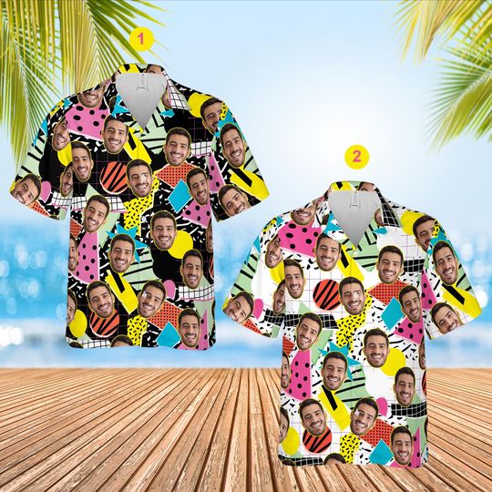 Personalised 90s Hawaiian Shirt, Custom Face Button Up, Retro Beach Shirt
