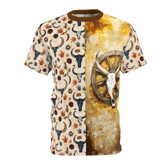 Old West Bull Skull Unisex Tee, Western Style 3D T-shirt, Wagon Trail Shirt