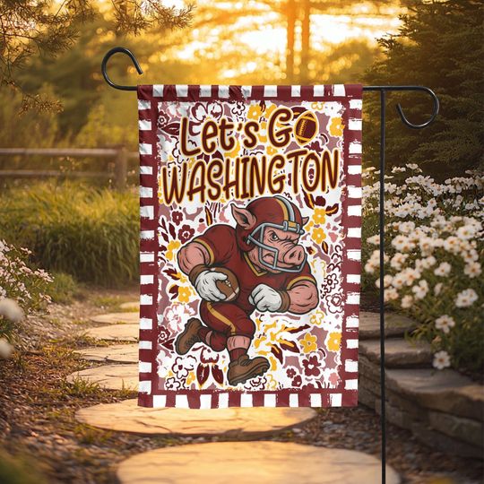 Washington Garden Flag  Lets Go Fierce Football Pig Mascot in Burgundy and Gold Floral Pattern