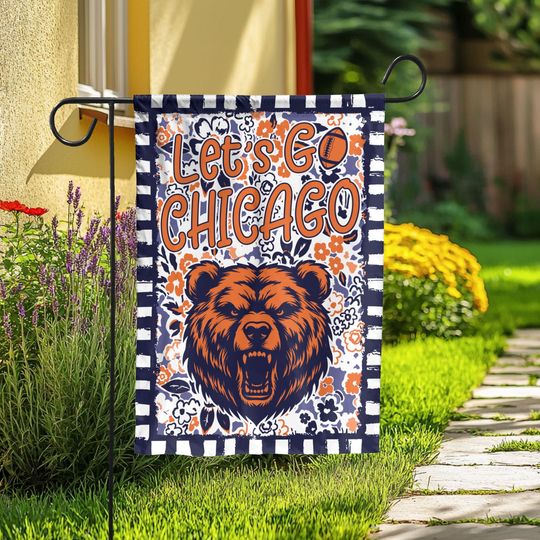 Let's Go Chicago Garden Flag, Abstract Flower Mascot, Chicago Football Fan Decor Garden