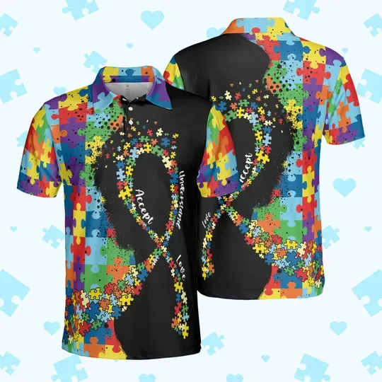 Autism Awareness Polo Shirt, Accept Understand Love Polo Shirt, Autism Puzzle Ribbon Women Polo Shirt, Autism Support Sleeveless Polo Shirt