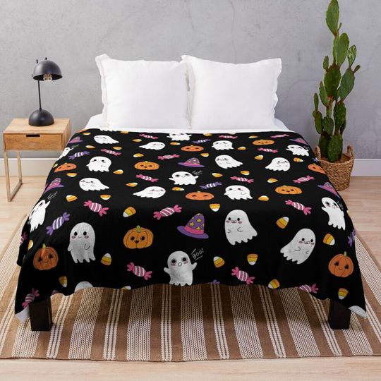 Cute Spoopy Ghosts and Halloween Candy Throw Blanket