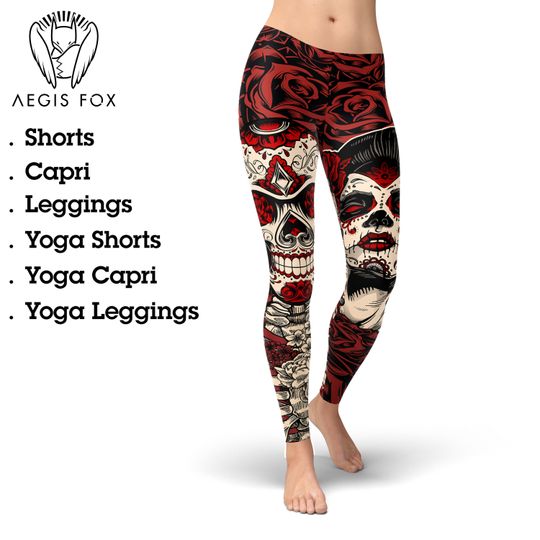 Sugar Skull Leggings, Day of the Dead High Waist Yoga Pants, Capris, Printed Yoga Tights for Women