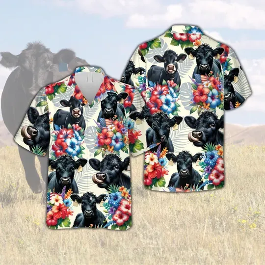 Tropical Angus Hawaiian Shirt, Angus Cow Lover Button Down Shirt, Tropical Hibiscus Shirt, Angus Aloha Summer Hawaiian
