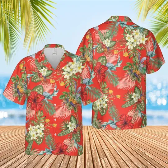 Tropical Summer Hibiscus Hawaiian Shirt, Flower Leaf Beach Aloha Party Button Up Shirt, Island Tropical Floral Shirt, Summer Vacation Shirt