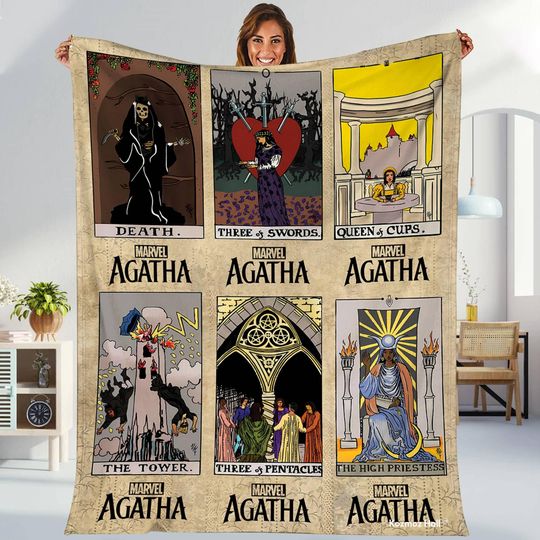 Agatha All Along All Tarot Cards Fleece Blanket, Lilia Agatha Harkness Rio Vidal Death Green Witch Coven of Chaos Billy Maximoff Blanket