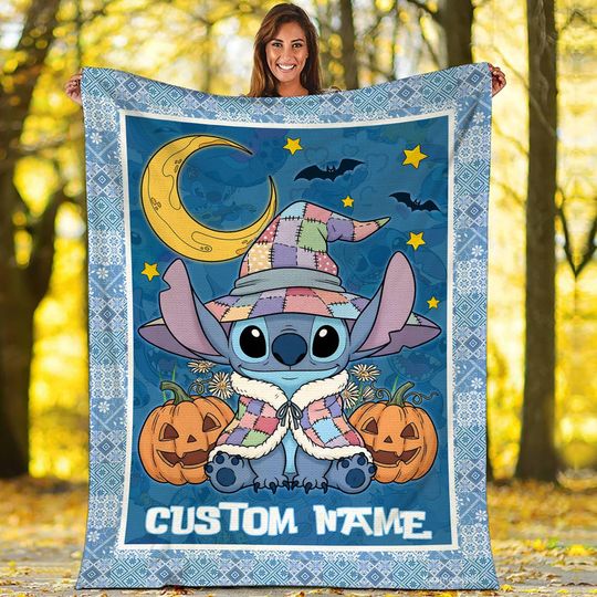 Custom Halloween Stitch Blanket, Witch Stitch Halloween Fleece Blanket, Pumpkin Stitch Halloween Gift, Stitch Movie Blanket