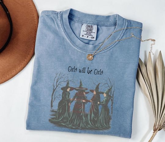 Comfort Colors Girls Will Be Girls Witch Shirt, Funny Vintage Halloween T-Shirt