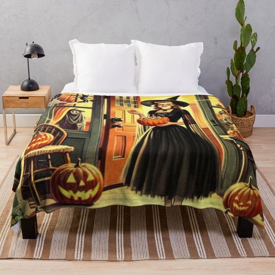 Antique Witch Halloween Illustrations Throw Blanket