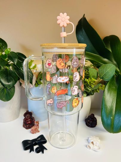 40 oz Glass Tumbler with Handle - Kawaii Cat & Pusheen Iced Coffee Cup, Cute Kitten Glass