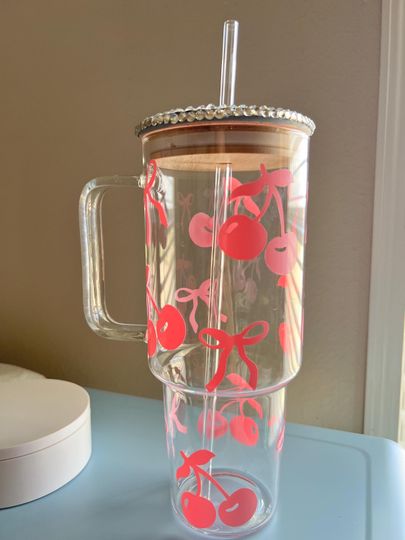 40 Oz Glass Tumbler with Handle, Coquette Bow and Cherries, Lover Gift