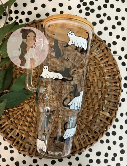 40 Oz Glass Tumbler - Spooky Cats & Ghost Design, Halloween Theme