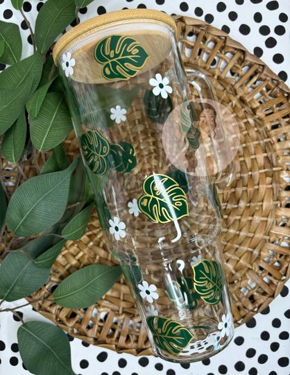 40 oz Glass Tumbler with Monstera Leaf Design, Leaf Pattern, and Cute Leaves