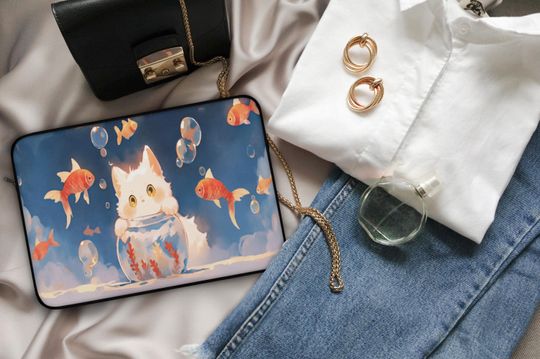 Kawaii Cat & Fish Laptop Sleeve, Cute Anime Laptop Bag, Kawaii Laptop Sleeve