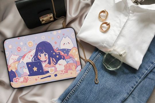 Kawaii Anime Girl Laptop Sleeve  Soft Pastel Purple MacBook Sleeve, Cute Anime Laptop Sleeve