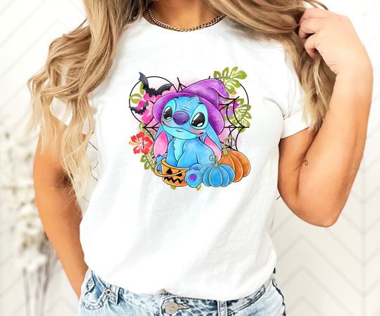 Stitch Halloween T-Shirt with Pumpkin and Horror Film Characters
