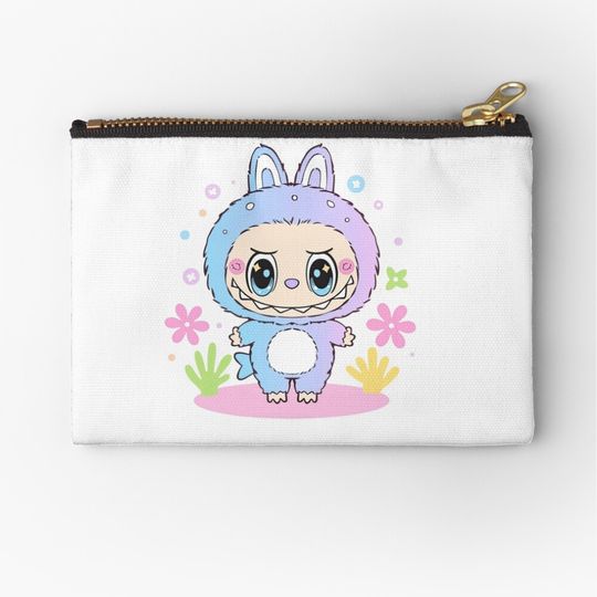 Pastel Blue and Purple Labubu with Flowers Zipper Pouch, Cute Bags Gift, Gift for Fan