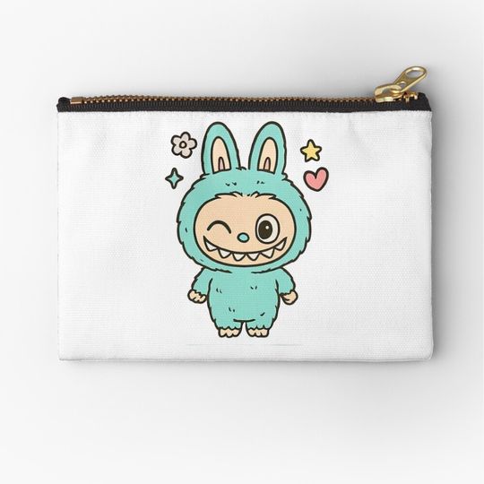 Winking Green Labubu with Heart and Stars Zipper Pouch, Cute Bags Gift, Gift for Fan