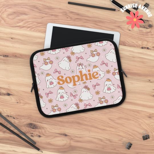 Personalized Halloween Laptop Sleeve, Cute Ghost Tablet Sleeve, Pink Halloween Sleeve