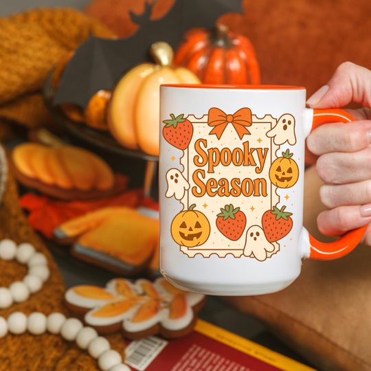 Spooky Season Mug, Cute Halloween Accent Mug with Strawberries, spooky cute mug, Adorable spooky aesthetic