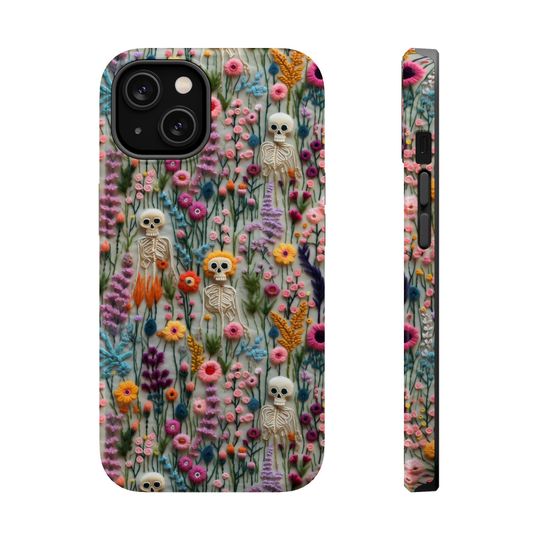 Halloween Vintage Skeletons Floral Embroidered Phone Case for iPhone