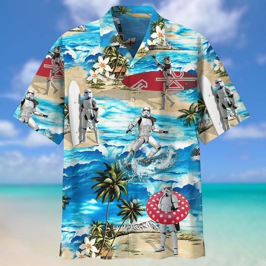 Stormtrooper Surfing Hawaiian Shirt, Star Wars Button Up Shirt, Disney Movie Aloha Shirt Men, Disneyland Summer Shirt