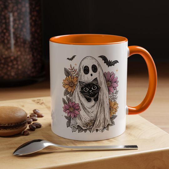 Retro Halloween Ghost and Cat Floral Accent Coffee Mug 11oz/15oz  Vintage Spooky Season Mug, Cute Fall Coffee Cup for Cat Lovers