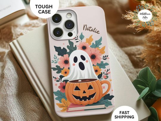 Personalized Halloween Floral iPhone Case with Custom Name, Vintage Fall Witch Phone Cover
