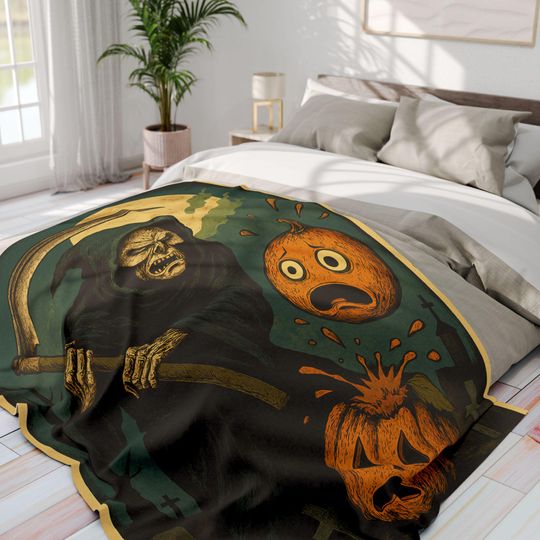 Spooky Halloween Fleece Blanket, Cozy Throw for Fall Decor, Grim Reaper Design, Autumn Gift, Haunted House Atmosphere, Scary Movie Night