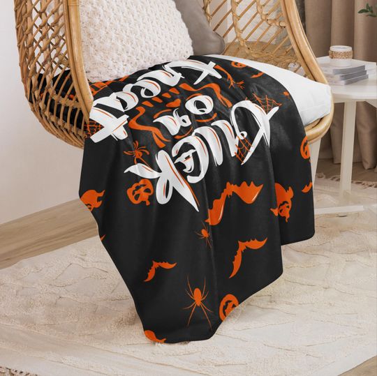 Trick or Treat Halloween Sherpa Blanket  Cozy Spooky Throw, Ghost Fall Decor, Soft Plush Fleece Blanket for Couch or Bed