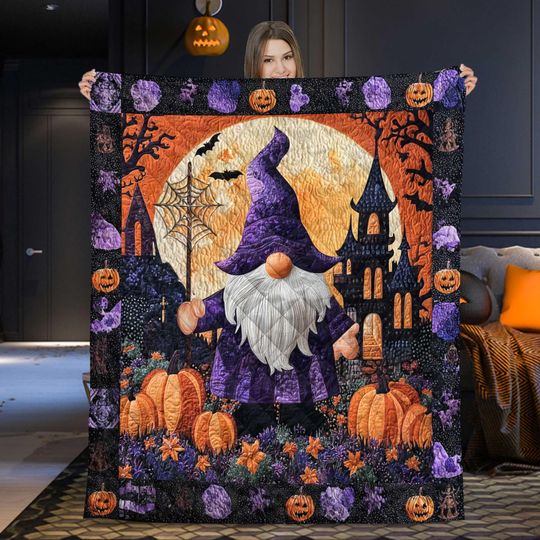Halloween Gnome Quilt Blanket, Pumpkin Witch Gnome Throw, Spooky Haunted House Bedding, Fall Autumn Decor Gift, Gothic Cozy Bedspread