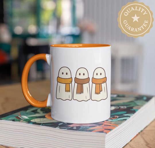 Cute Ghost Family Accent Coffee Mug, Fall Scarf Ghosts Halloween Mug, Vintage Spooky Season Drinkware, Cozy Autumn Ceramic Cup, Friends Gift