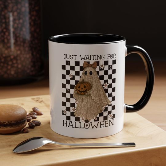 Just Waiting for Halloween Mug  Cute Ghost Accent Coffee Mug 11oz/15oz, Funny Spooky Season Gift, Fall Coffee Cup for Halloween Lovers