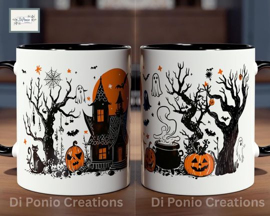 Halloween at the Witches' Forest Vintage Inspired Mug Gift Spooky Haunted Forest Halloween Mug, Witch Cauldron Black Cat Ghost Pumpkin Cup