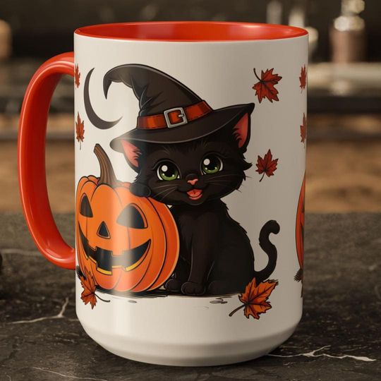 Halloween Black Cat Mug with Pumpkin,  Cat Lovers & Fall Coffee Moments