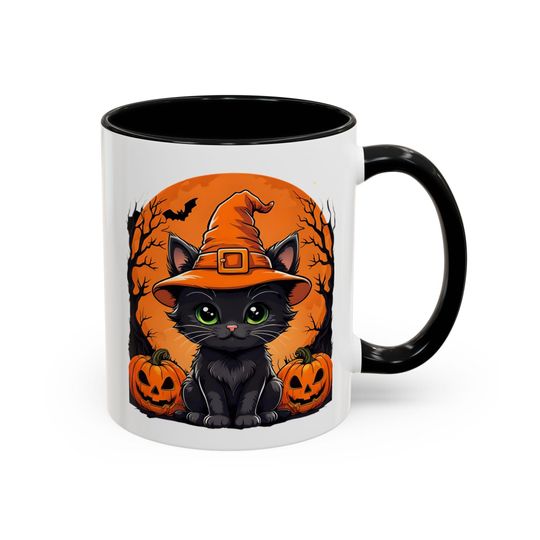 Black Cat Halloween Accent Mug | Pumpkin Moon Fall Coffee Cup | 11 oz & 15 oz Spooky Season Gift | Witchy Autumn Drinkware