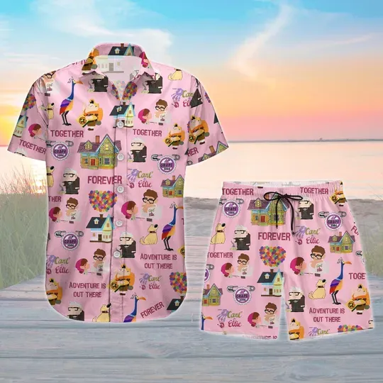 Carl And Ellie Button Hawaiian Shirt and Shorts, Disney Wedding Button Down Shirt, Disney Honeymoon Button Shirt, Up House Balloons Hawaii Short